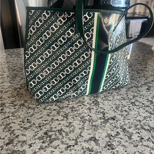 USED Tory Burch Green and Black Patterned Tote